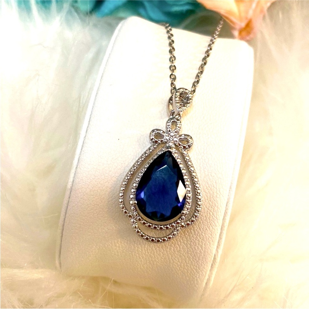 Sapphire Gemstone & Micro Pave Diamond Pendant Necklace With Silver Chain NEW! - Picture 6 of 6